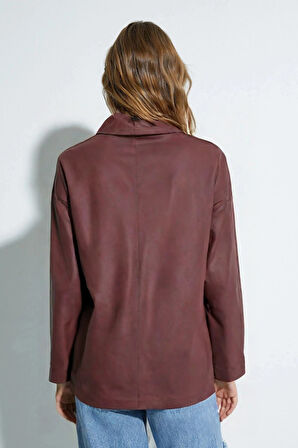 Bordo - S Kadın Relax Fit Dik Yaka Çıtçıtlı Fermuarlı Cepli  Suni Deri Bomber Ceket - Belden Ayarlanabilir