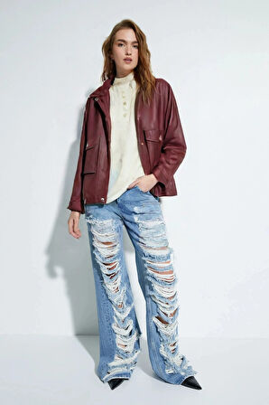 Bordo - M Kadın Relax Fit Dik Yaka Çıtçıtlı Fermuarlı Cepli  Suni Deri Bomber Ceket - Belden Ayarlanabilir