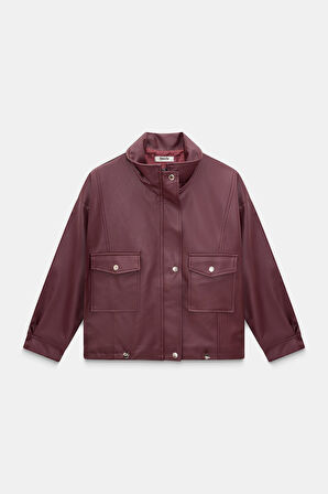 Bordo - M Kadın Relax Fit Dik Yaka Çıtçıtlı Fermuarlı Cepli  Suni Deri Bomber Ceket - Belden Ayarlanabilir