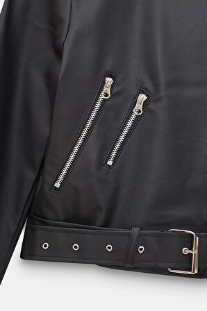 Siyah - L Kadın Relax Fit Gömlek Yaka Kemerli Cepli  Suni Deri Biker Crop Ceket - Fermuar Detaylı