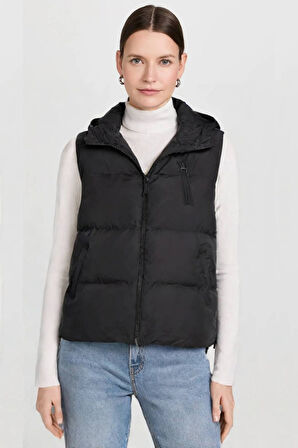 Siyah - M Kadın Oversize Kapüşonlu Fermuarlı Şişme Yelek - Puffer Vest