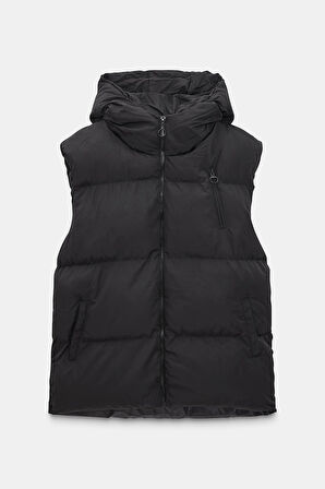 Siyah - M Kadın Oversize Kapüşonlu Fermuarlı Şişme Yelek - Puffer Vest