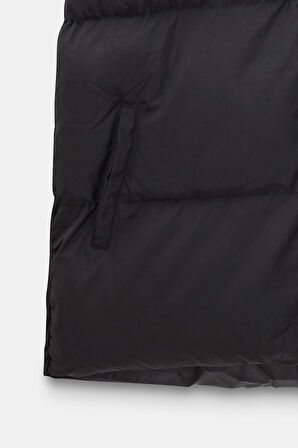 Siyah - M Kadın Oversize Kapüşonlu Fermuarlı Şişme Yelek - Puffer Vest