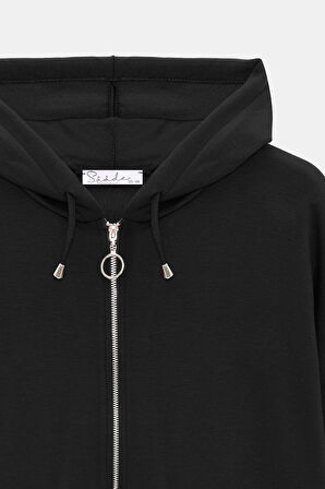 Siyah - M-L Kadın Oversize Kapüşonlu Fermuarlı Cepli Sweatshirt & Bol Paça Eşofman Altı -  2'li Takım