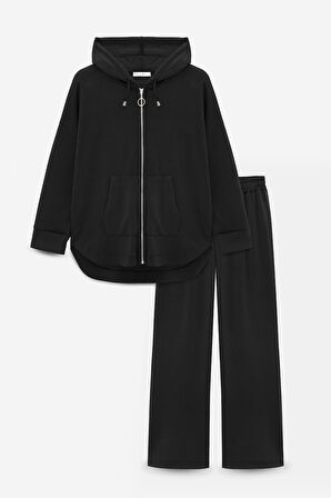 Siyah - 3XL-4XL Kadın Oversize Kapüşonlu Fermuarlı Cepli Sweatshirt & Bol Paça Eşofman Altı -  2'li Takım