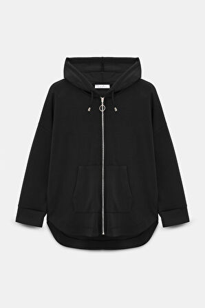 Siyah - 3XL-4XL Kadın Oversize Kapüşonlu Fermuarlı Cepli Sweatshirt & Bol Paça Eşofman Altı -  2'li Takım