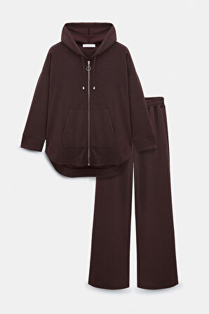 Kahverengi - M-L Kadın Oversize Kapüşonlu Fermuarlı Cepli Sweatshirt & Bol Paça Eşofman Altı -  2'li Takım