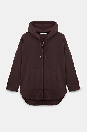 Kahverengi - M-L Kadın Oversize Kapüşonlu Fermuarlı Cepli Sweatshirt & Bol Paça Eşofman Altı -  2'li Takım