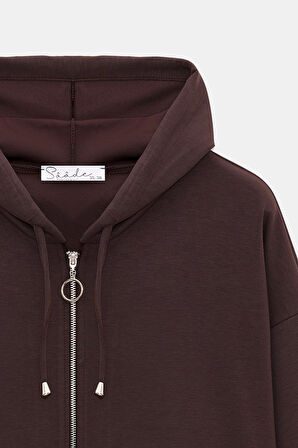 Kahverengi - M-L Kadın Oversize Kapüşonlu Fermuarlı Cepli Sweatshirt & Bol Paça Eşofman Altı -  2'li Takım