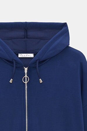 Lacivert - XL-2XL Kadın Oversize Kapüşonlu Fermuarlı Cepli Sweatshirt & Bol Paça Eşofman Altı -  2'li Takım