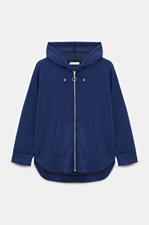 Lacivert - 3XL-4XL Kadın Oversize Kapüşonlu Fermuarlı Cepli Sweatshirt & Bol Paça Eşofman Altı -  2'li Takım