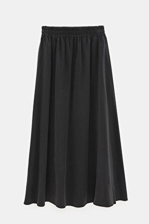 Siyah - STD Kadın Beli Lastikli Midi Boy A Kesim Dökümlü Etek - Yüksek Bel