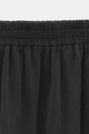 Siyah - STD Kadın Beli Lastikli Midi Boy A Kesim Dökümlü Etek - Yüksek Bel