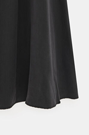 Siyah - STD Kadın Beli Lastikli Midi Boy A Kesim Dökümlü Etek - Yüksek Bel