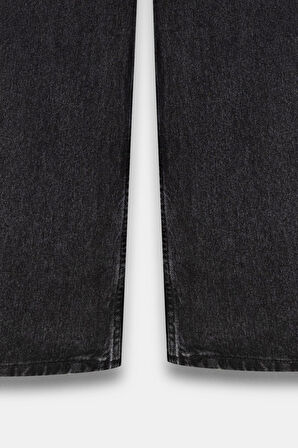 Siyah - 38 Kadın Yüksek Bel Wide Leg Bol Paça Jean Pantolon - '90 Vintage