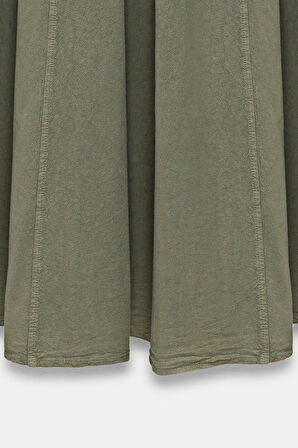 Haki - STD Kadın A Kesim Yüksek Bel Cepli Dökümlü Kloş Etek - Dokulu Keten