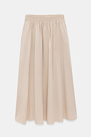 Bej - STD Kadın A Kesim Yüksek Bel Cepli Dökümlü Kloş Etek - Dokulu Keten