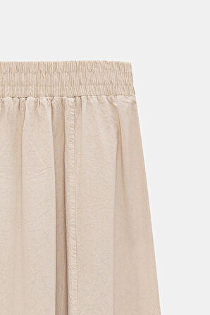 Bej - STD Kadın A Kesim Yüksek Bel Cepli Dökümlü Kloş Etek - Dokulu Keten