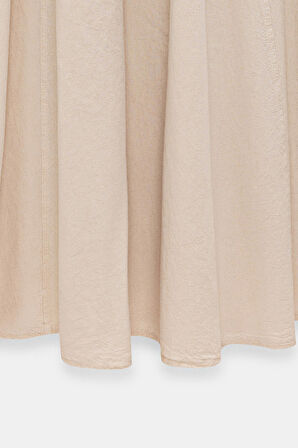 Bej - STD Kadın A Kesim Yüksek Bel Cepli Dökümlü Kloş Etek - Dokulu Keten