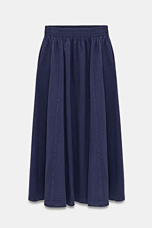 Lacivert - STD Kadın A Kesim Yüksek Bel Cepli Dökümlü Kloş Etek - Dokulu Keten