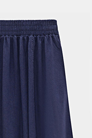 Lacivert - STD Kadın A Kesim Yüksek Bel Cepli Dökümlü Kloş Etek - Dokulu Keten