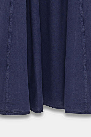 Lacivert - STD Kadın A Kesim Yüksek Bel Cepli Dökümlü Kloş Etek - Dokulu Keten