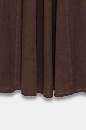 Kahverengi - STD Kadın A Kesim Yüksek Bel Cepli Dökümlü Kloş Etek - Dokulu Keten