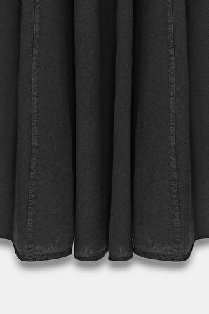 Siyah - STD Kadın A Kesim Yüksek Bel Cepli Dökümlü Kloş Etek - Dokulu Keten