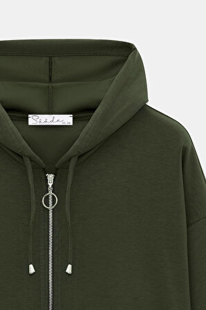 Haki - M-L Kadın Oversize Kapüşonlu Fermuarlı Cepli Sweatshirt & Bol Paça Eşofman Altı -  2'li Takım