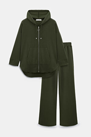 Haki - XL-2XL Kadın Oversize Kapüşonlu Fermuarlı Cepli Sweatshirt & Bol Paça Eşofman Altı -  2'li Takım