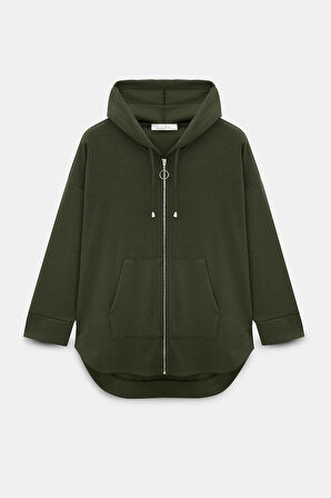 Haki - XL-2XL Kadın Oversize Kapüşonlu Fermuarlı Cepli Sweatshirt & Bol Paça Eşofman Altı -  2'li Takım