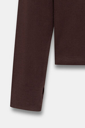 Kahverengi - M Kadın Bisiklet Yaka Parmak Geçmeli Uzun Kollu Body/Bluz