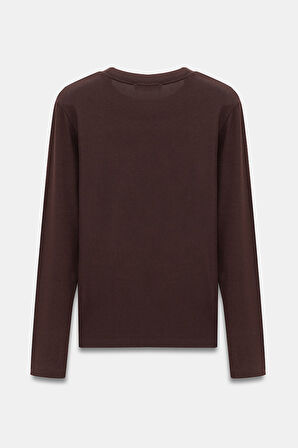 Kahverengi - M Kadın Bisiklet Yaka Parmak Geçmeli Uzun Kollu Body/Bluz