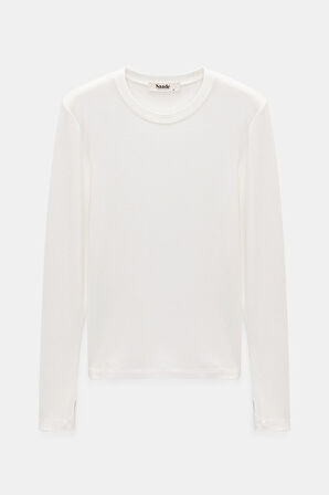 Ekru - S Kadın Bisiklet Yaka Parmak Geçmeli Uzun Kollu Body/Bluz