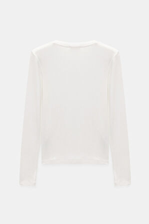 Ekru - S Kadın Bisiklet Yaka Parmak Geçmeli Uzun Kollu Body/Bluz