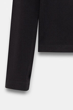 Siyah - M Kadın Bisiklet Yaka Parmak Geçmeli Uzun Kollu Body/Bluz