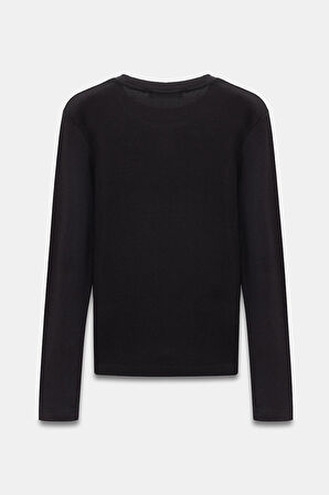 Siyah - M Kadın Bisiklet Yaka Parmak Geçmeli Uzun Kollu Body/Bluz