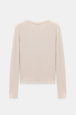 Bej - M Kadın Bisiklet Yaka Parmak Geçmeli Uzun Kollu Body/Bluz