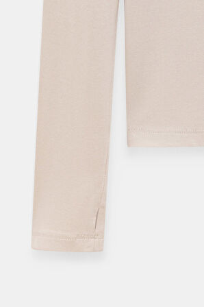 Bej - L Kadın Bisiklet Yaka Parmak Geçmeli Uzun Kollu Body/Bluz