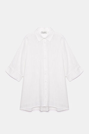 Beyaz - STD Kadın Yarım Kol Rahat Kesim Oversize Gömlek - Keten