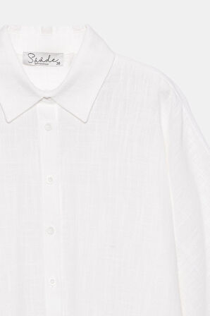 Beyaz - STD Kadın Yarım Kol Rahat Kesim Oversize Gömlek - Keten