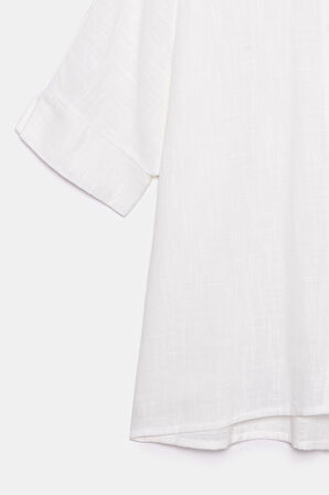 Beyaz - STD Kadın Yarım Kol Rahat Kesim Oversize Gömlek - Keten