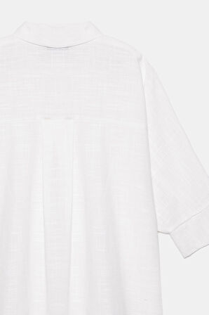 Beyaz - STD Kadın Yarım Kol Rahat Kesim Oversize Gömlek - Keten