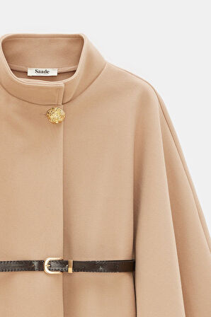Bej - STD Broş Detaylı Kemerli Şık Kısa Panço Ceket