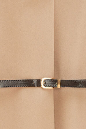 Bej - STD Broş Detaylı Kemerli Şık Kısa Panço Ceket