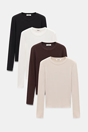 Çok Renkli - L Kadın Bisiklet Yaka Parmak Geçmeli Uzun Kollu Body/Bluz - 4'lü Paket