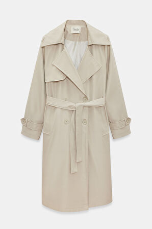 Taş - 40 Kadın Kruvaze Yaka Çift Düğmeli Kemerli Trençkot - Classic Elegance