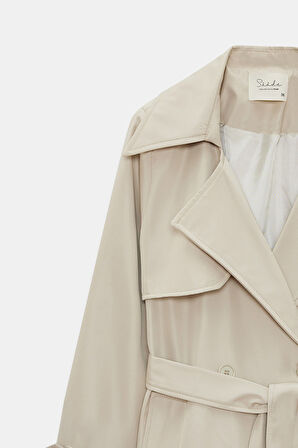 Taş - 42 Kadın Kruvaze Yaka Çift Düğmeli Kemerli Trençkot - Classic Elegance