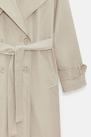 Taş - 42 Kadın Kruvaze Yaka Çift Düğmeli Kemerli Trençkot - Classic Elegance