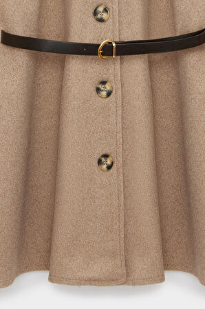 Bej - STD Kadın Kürk Yakalı Kemerli Kaşe Panço - Vintage Glam